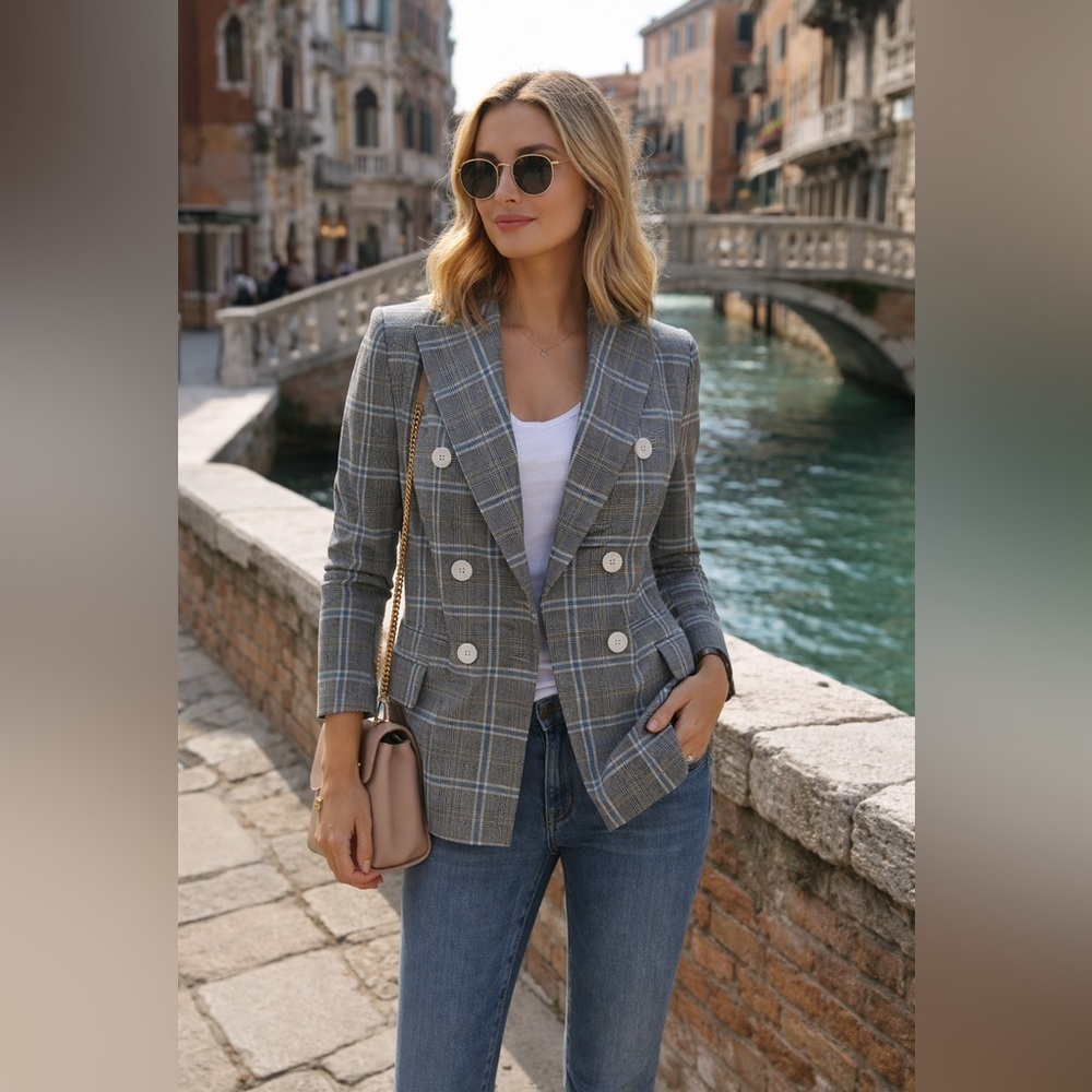 Circolo 1901 Double Breasted Plaid Blazer Blue Gray Made in Italy